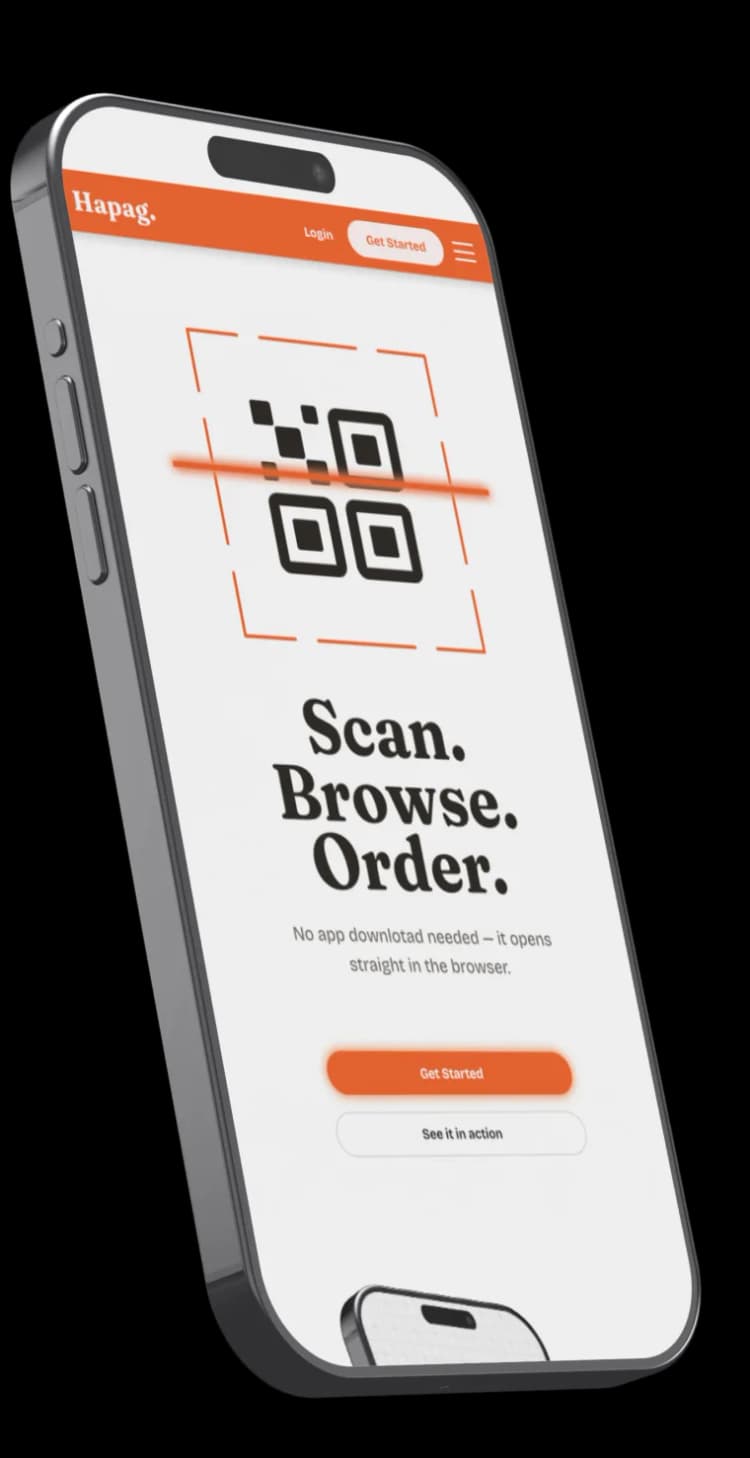 Phone screen showing the Hapag QR scan-to-menu flow.